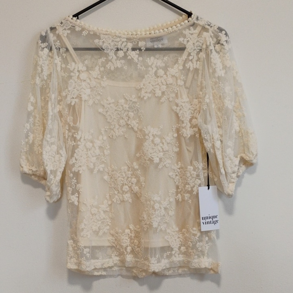 Unique Vintage | Ivory Sheer Lace Puff Sleeve Glamour Girl Blouse | M(6/8) | NWT